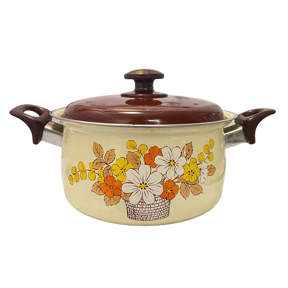 Vintage Autumn Colors Floral Enamel Cooking Pot with lid